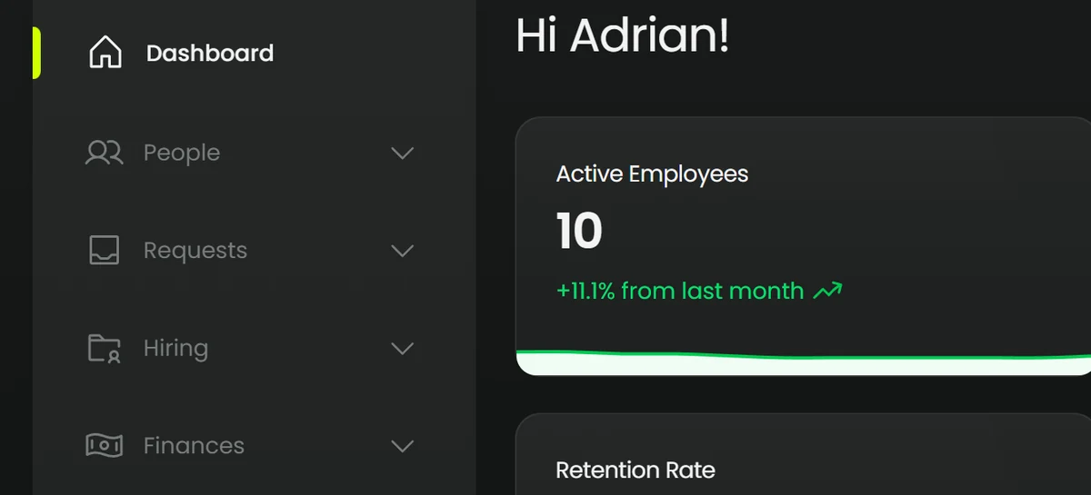 The Orbit theme in dark mode: a detached sidebar with a lime active indicator, and dashboard cards with sparklines.
