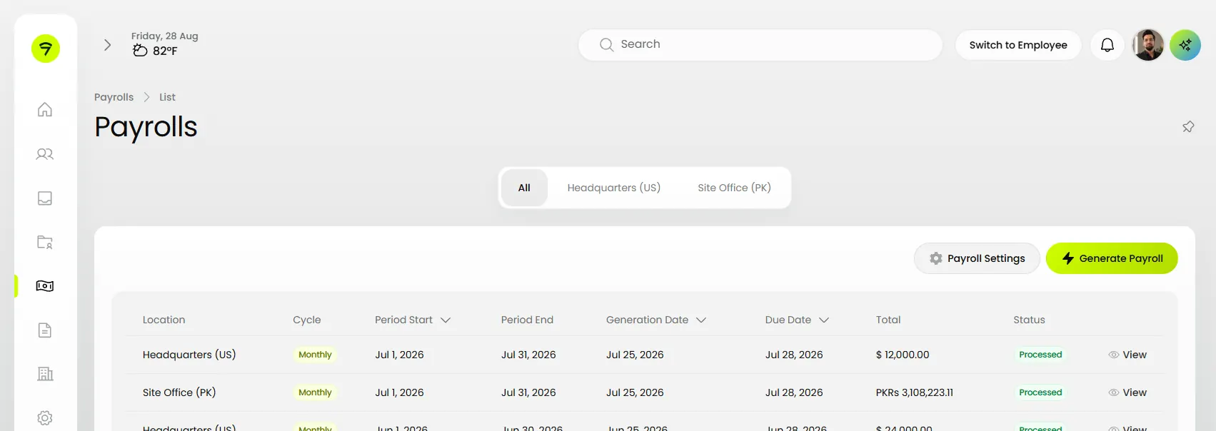 A payroll run in Nyra: the list of monthly runs per location, one of them approved and waiting, and the confirmation before its payments go out.