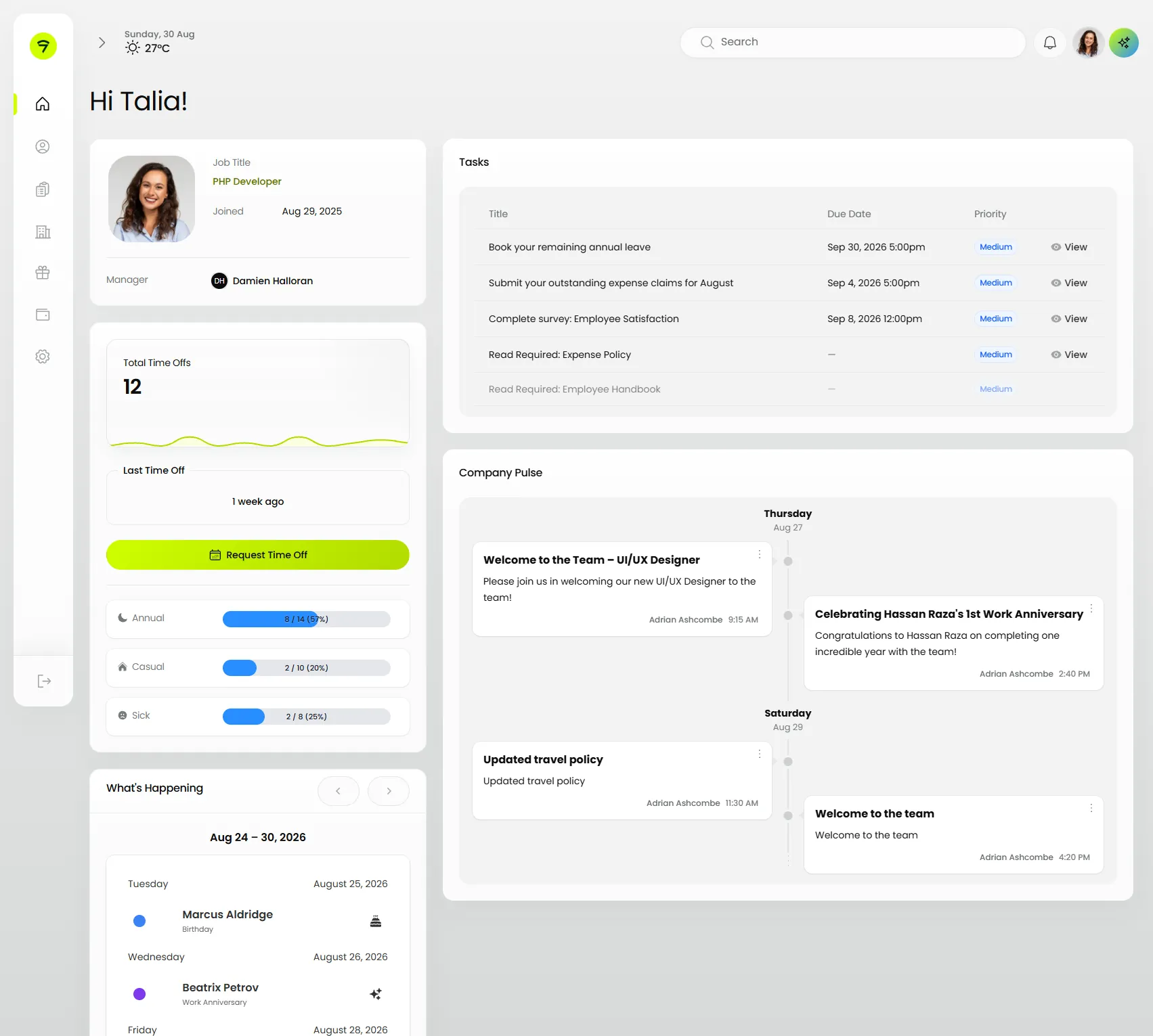 An employee's own view of Nyra: their dashboard with leave balances, tasks and the company feed, their record and payout, every payslip behind it, and the notifications they choose to get.